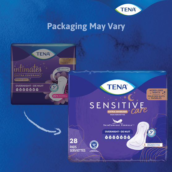 TENA Sensitive Care Extra Coverage Overnight Pads | 54282 | 3 Bags of 28