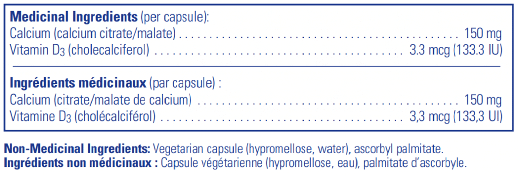 Pure Encapsulations Calcium with Vitamin D3 Ingredients Canada