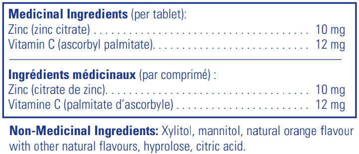 Pure Encapsulations Zinc Chewable tablets Ingredients Canada