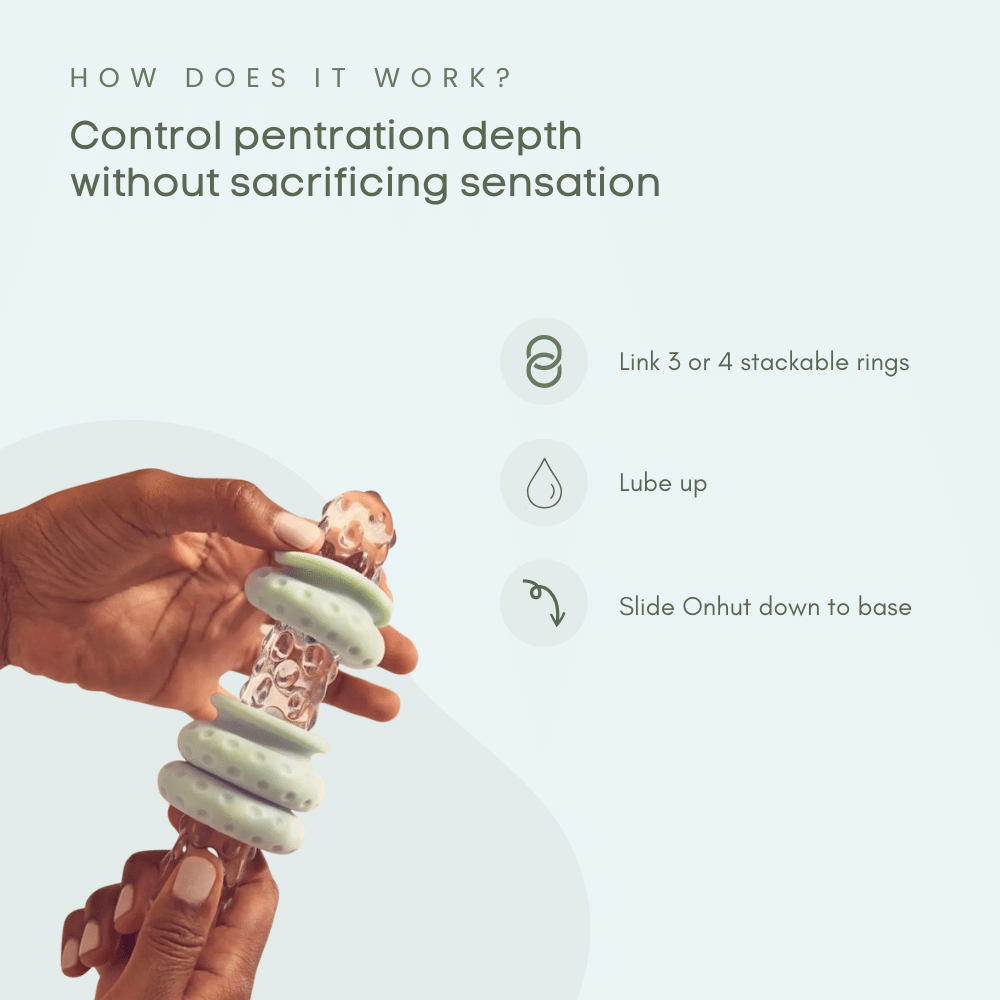 An instructional infographic showing how to use Ohnut rings to control penetration depth. The image illustrates a hand assembling light green rings on a clear dildo with three steps: 'Link 3 or 4 stackable rings,' 'Lube up,' and 'Slide Ohnut down to base.'