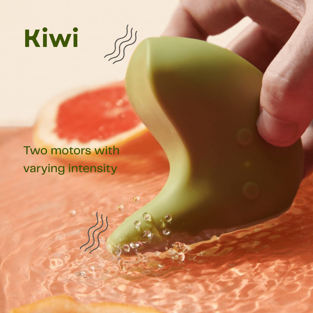 Close-up of the green Kiwi pelvic health device in water, demonstrating the deep-rumbling vibration of its two motors.