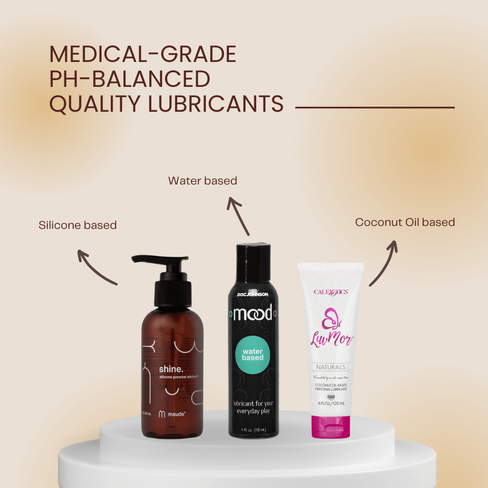 An infographic showing three types of medical-grade pH-balanced lubricants: Maude Shine silicone-based lubricant, Mood water-based lubricant, and LuMor coconut oil-based lubricant on a white display pedestal.